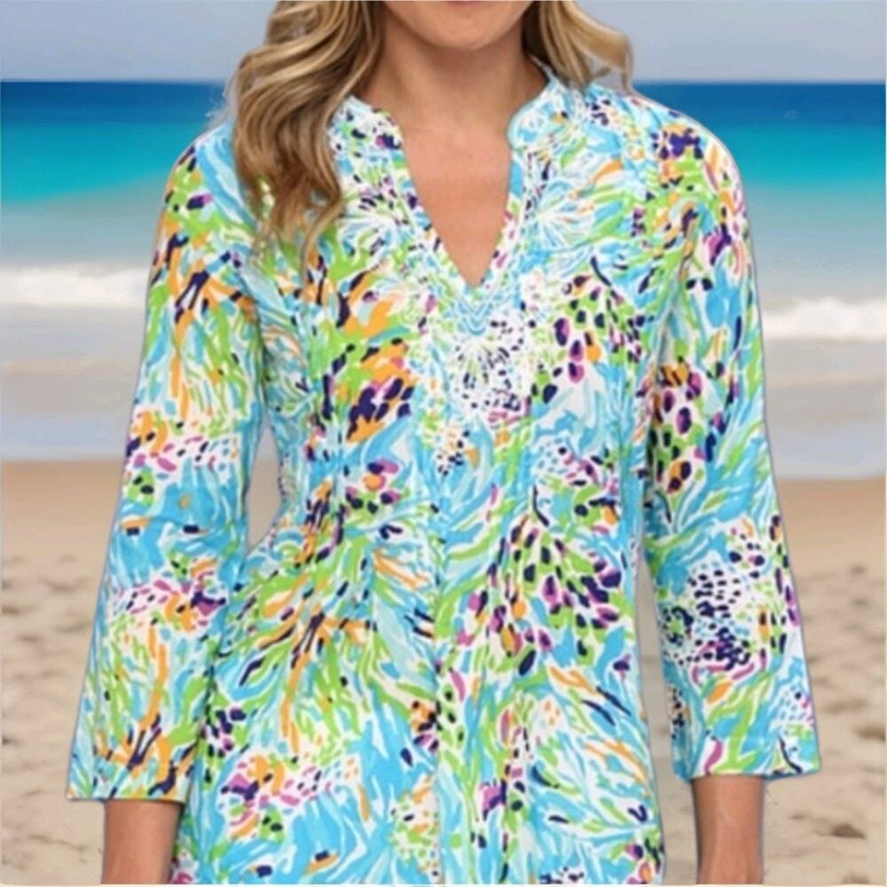 Lilly Pulitzer Sarasota Sea Soire Beaded Tunic Blouse Women's Small 3/4 Sleeve
